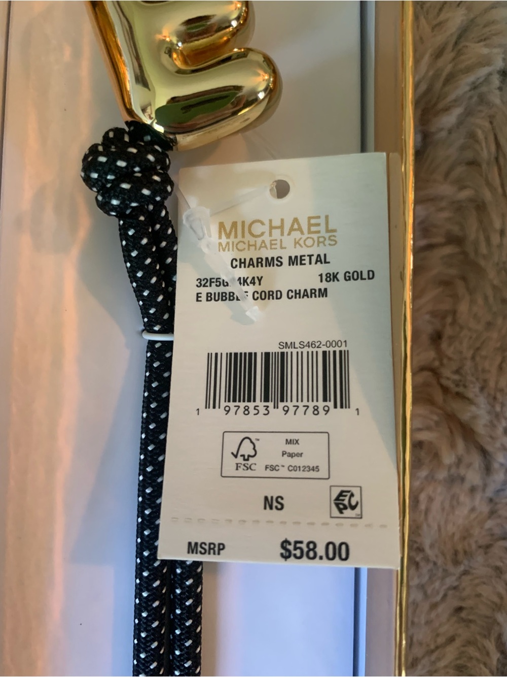 Michael Kors Initial “E”  Gold-Tone and Speckled Cord Bag Charm, NWT and Box - Picture 4 of 5